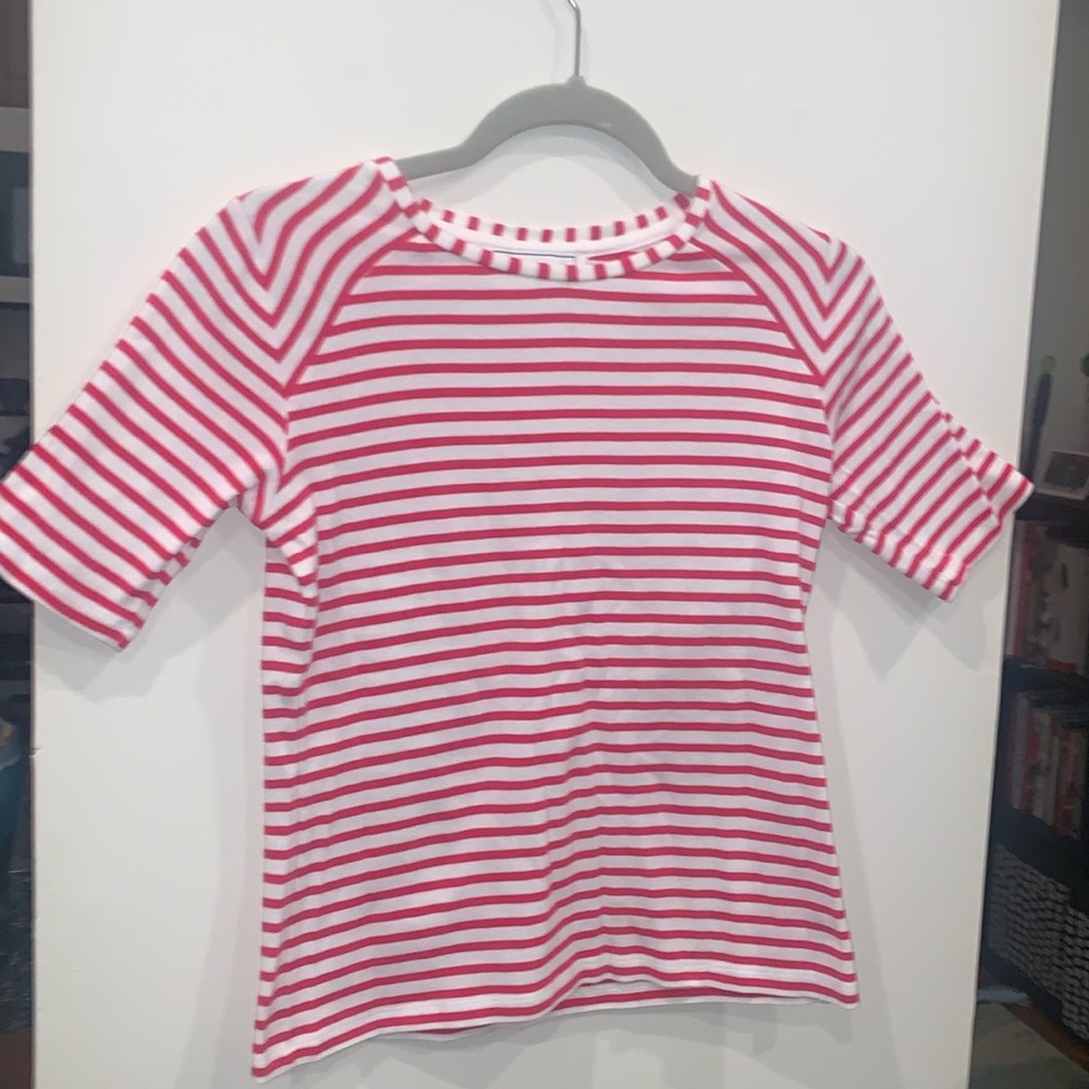 Joan Vass red and white stripe short sleeve tee shirt size zero 0 100% cotton
